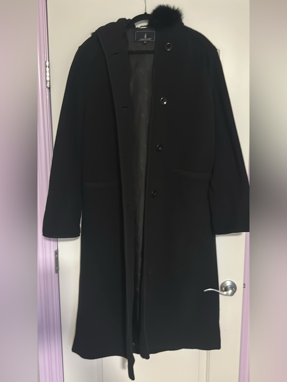 London Fog Black Long Trench Coat with Fur-Trim Hood
